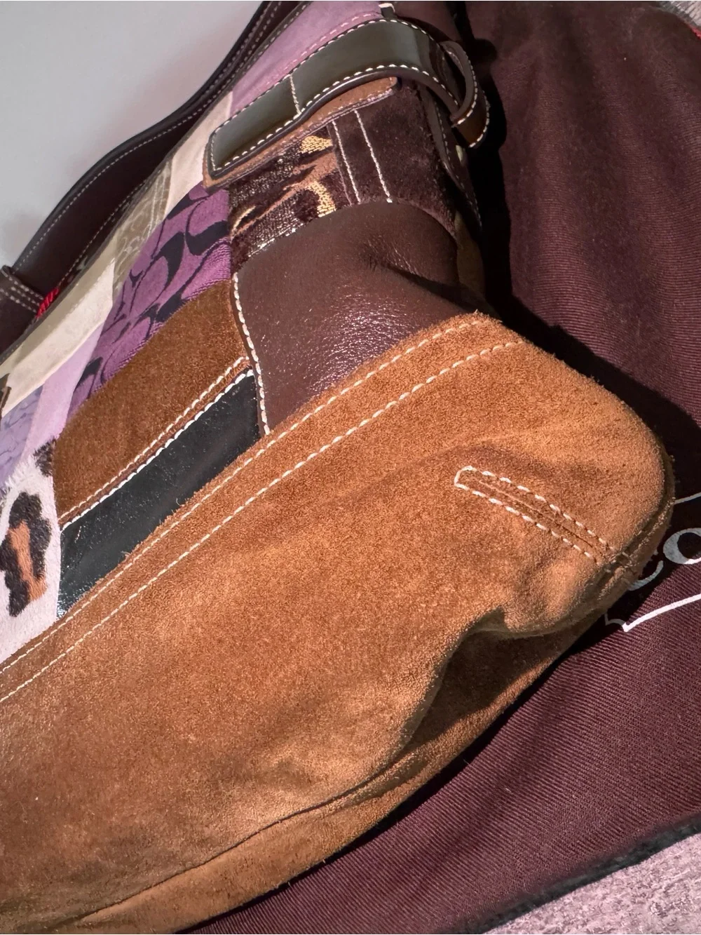 Coach Vintage Patchwork Leather and Suede Tote Bag in Brown and Purple